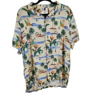 🩵💥 Denim & Flower Santa Surfing Hawaiian Tropical Button Shirt